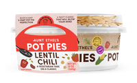 Mock-up of Lentil Chili Pot Pie in its packaging showing a slight side view of the tortilla strips 